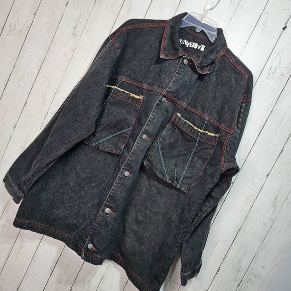 Vintage Counter Attack Men's Black Frayed Embroidered Denim Jacket Size XL 90's. - Picture 2 of 10